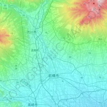 Mappa topografica 前橋市, altitudine, rilievo