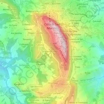 Mappa topografica Città di San Marino, altitudine, rilievo