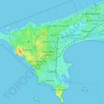 Mappa topografica Dakar, altitudine, rilievo