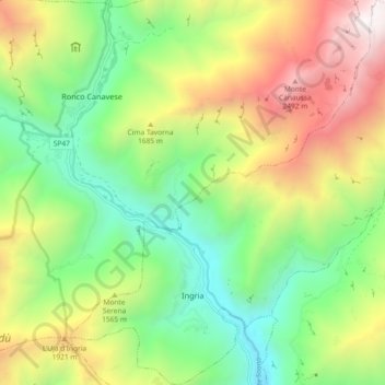 Mappa topografica Ingria, altitudine, rilievo