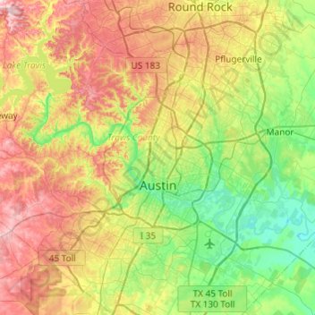 Mappa topografica Austin, altitudine, rilievo