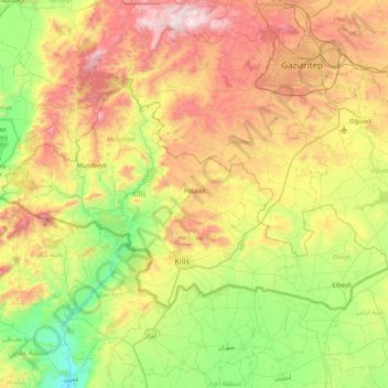 Mappa topografica Kilis, altitudine, rilievo