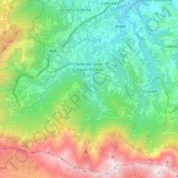 Mappa topografica Isola del Gran Sasso d'Italia, altitudine, rilievo