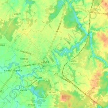 Mappa topografica Gospić, altitudine, rilievo