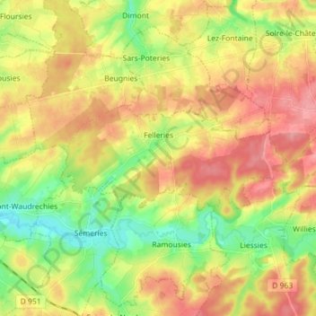 Mappa topografica Felleries, altitudine, rilievo