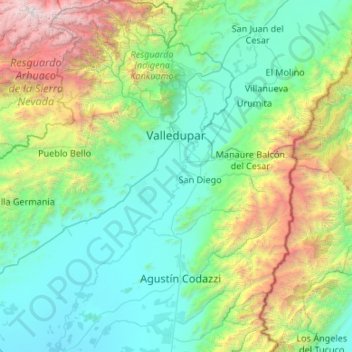 Mappa topografica Valledupar, altitudine, rilievo
