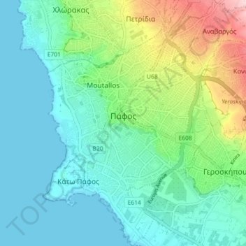Mappa topografica Pafo, altitudine, rilievo