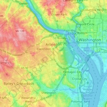Mappa topografica Arlington, altitudine, rilievo