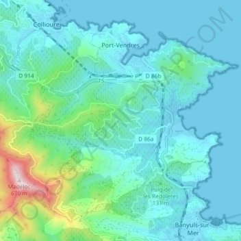 Mappa topografica Port-Vendres, altitudine, rilievo