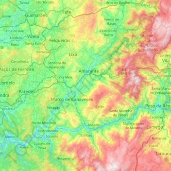 Mappa topografica Tâmega e Sousa, altitudine, rilievo