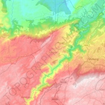Mappa topografica Sohiong, altitudine, rilievo