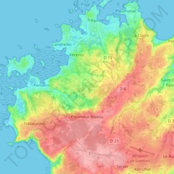 Mappa topografica Pleumeur-Bodou, altitudine, rilievo