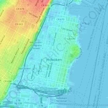Mappa topografica Hoboken, altitudine, rilievo