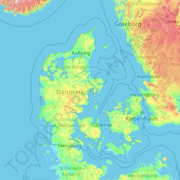 Mappa topografica Danimarca, altitudine, rilievo
