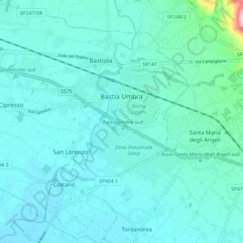 Mappa topografica Bastia Umbra, altitudine, rilievo