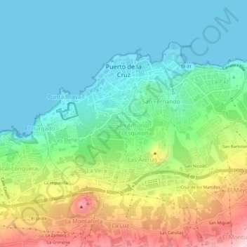 Mappa topografica Puerto de la Cruz, altitudine, rilievo