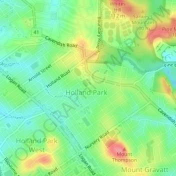 Mappa topografica Holland Park, altitudine, rilievo