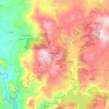 Mappa topografica Ollolai, altitudine, rilievo