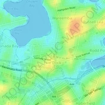 Mappa topografica Five Dock, altitudine, rilievo