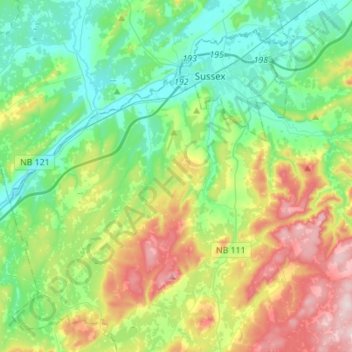 Mappa topografica Sussex Parish, altitudine, rilievo