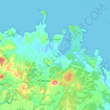 Mappa topografica Es Mercadal, altitudine, rilievo