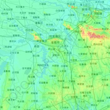 Mappa topografica Huainan City, altitudine, rilievo
