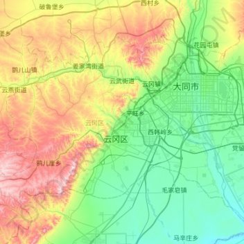 Mappa topografica 云冈区, altitudine, rilievo