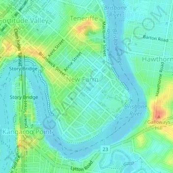 Mappa topografica New Farm, altitudine, rilievo