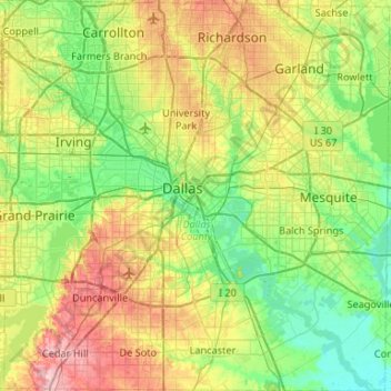 Mappa topografica Dallas County, altitudine, rilievo