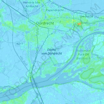 Mappa topografica Dordrecht, altitudine, rilievo