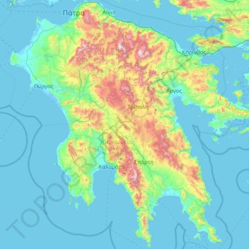 Mappa topografica Peloponneso, altitudine, rilievo