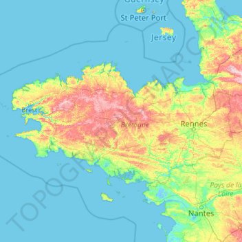 Mappa topografica Bretagne, altitudine, rilievo