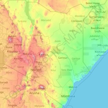 Mappa topografica Kenya, altitudine, rilievo