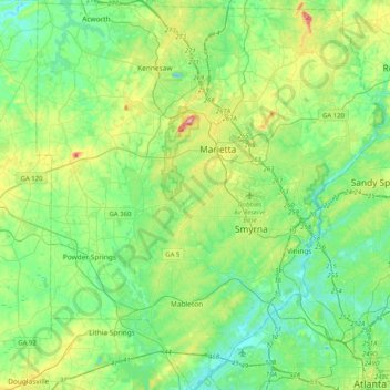 Mappa topografica Cobb County, altitudine, rilievo