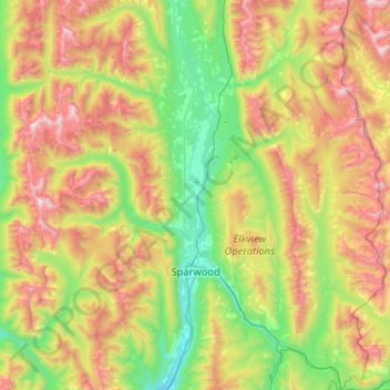 Mappa topografica Sparwood, altitudine, rilievo