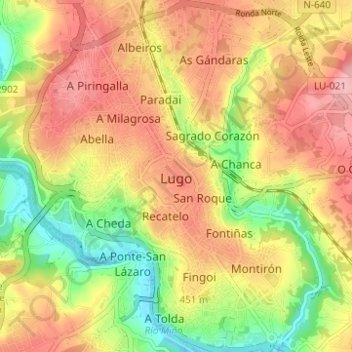 Mappa topografica Lugo, altitudine, rilievo