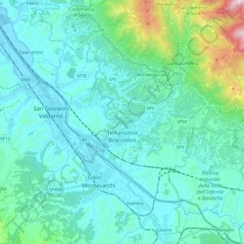 Mappa topografica Terranuova Bracciolini, altitudine, rilievo