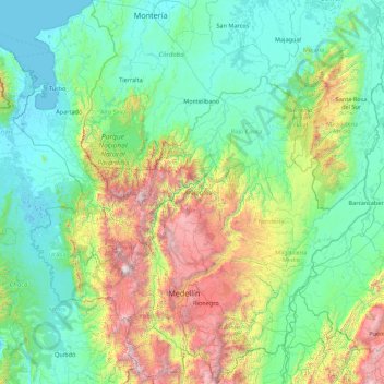 Mappa topografica Antioquia, altitudine, rilievo