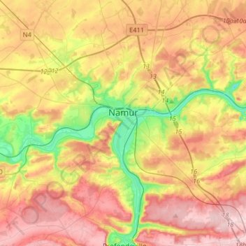 Mappa topografica Namur, altitudine, rilievo