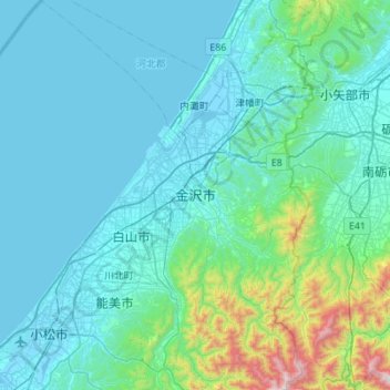 Mappa topografica 金沢市, altitudine, rilievo