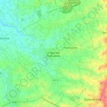 Mappa topografica Langemark-Poelkapelle, altitudine, rilievo