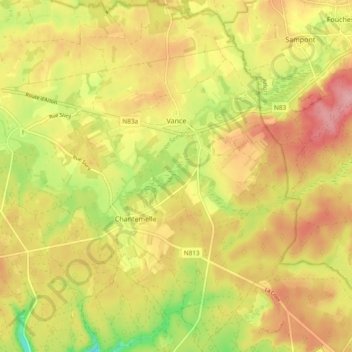 Mappa topografica Vance, altitudine, rilievo