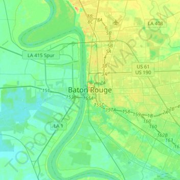 Mappa topografica Baton Rouge, altitudine, rilievo