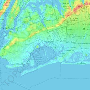 Mappa topografica Queens, altitudine, rilievo