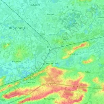 Mappa topografica Aarschot, altitudine, rilievo