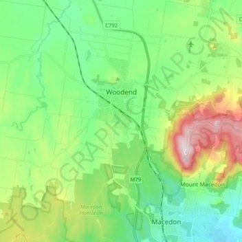 Mappa topografica Woodend, altitudine, rilievo