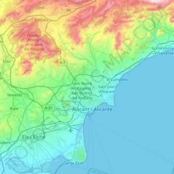 Mappa topografica l'Alacantí, altitudine, rilievo