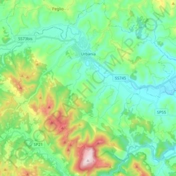 Mappa topografica Urbania, altitudine, rilievo