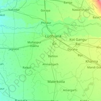 Mappa topografica Ludhiana District, altitudine, rilievo
