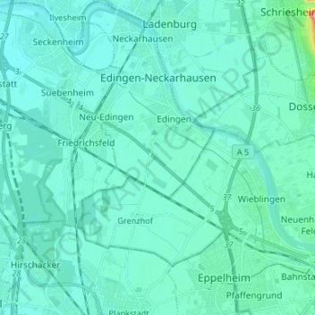 Mappa topografica Edingen-Neckarhausen, altitudine, rilievo